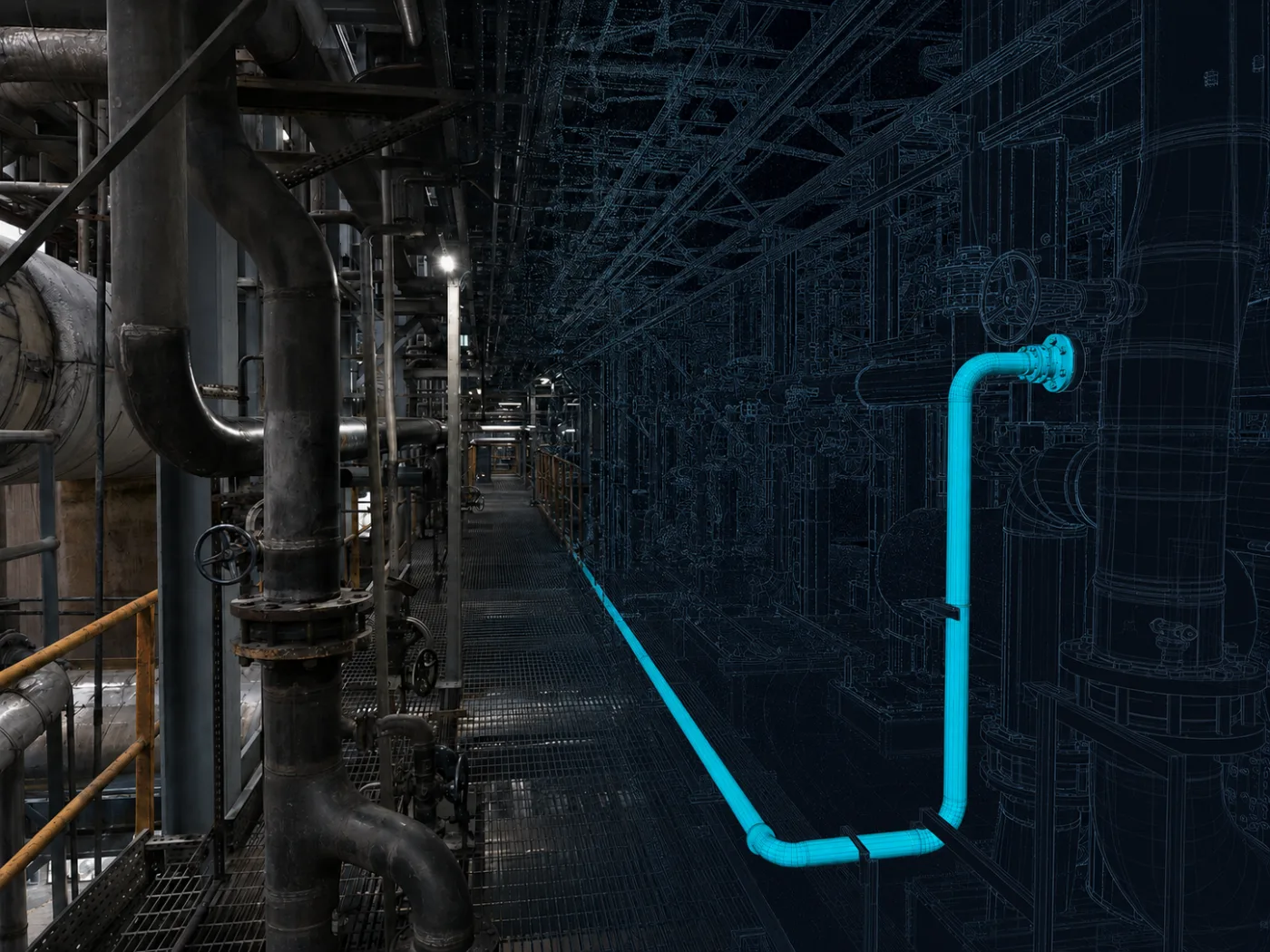 Existing plant piping on the left resolving into a measured wireframe model on the right