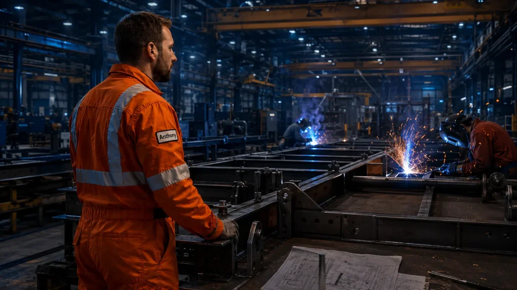 Illustration of structural steel frames being welded and fitted on a fabrication shop floor