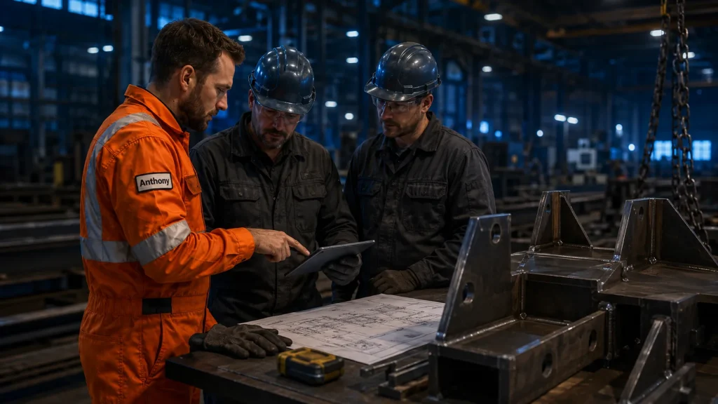 Illustration of a project lead reviewing shop-ready fabricated steel brackets with a fabrication crew on the shop floor