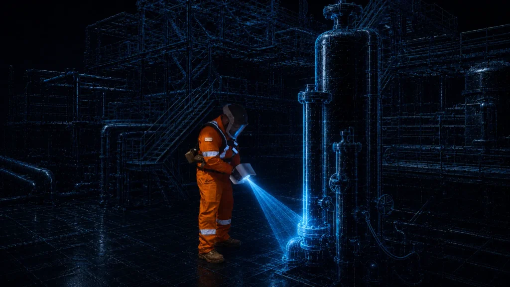 Illustration of a technician using a handheld 3D scanner to capture pipework and a vessel inside a process plant