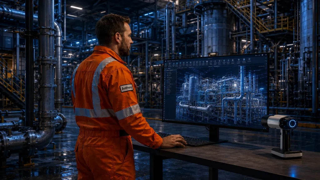 Illustration of a designer reviewing a 3D model of process plant piping on screen inside an operating facility