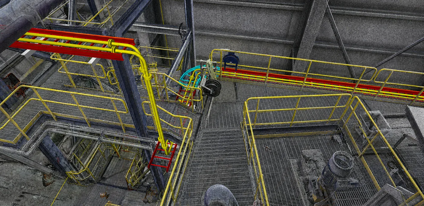 Point-cloud capture of the gold mill interior with the coordinated lime-slurry supply and return routing overlaid in yellow, red and cyan against measured existing steel, grating, walkways and equipment.