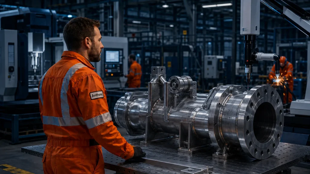 Illustration of a machined stainless steel valve manifold on an inspection table in a fabrication shop