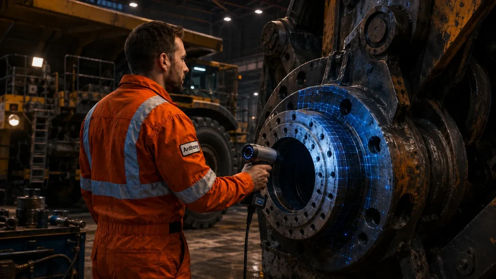 Illustration of a technician 3D scanning the bearing housing and flange of a large mining machine in a maintenance bay