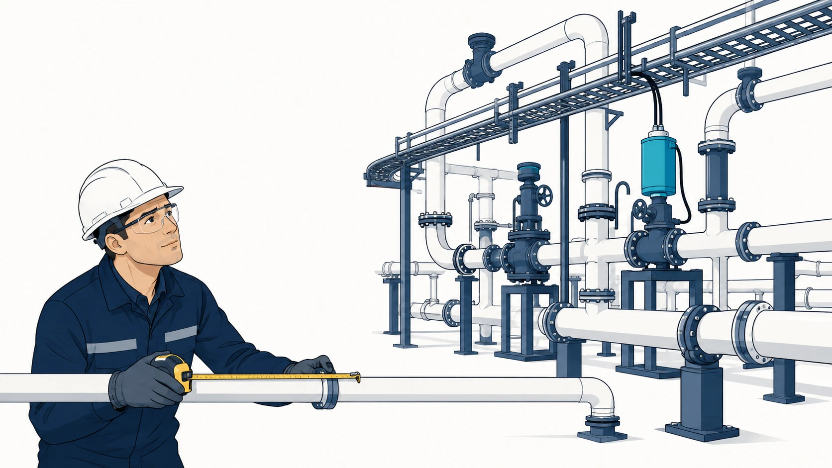 Conceptual illustration of a project lead measuring a modest pipe extension while a much denser network of fittings, connections, supports and cable tray is revealed around it.