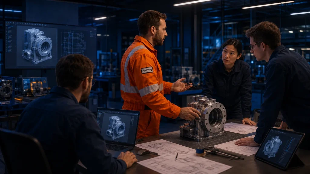 Illustration of a project lead and a designer reviewing machined components during product development