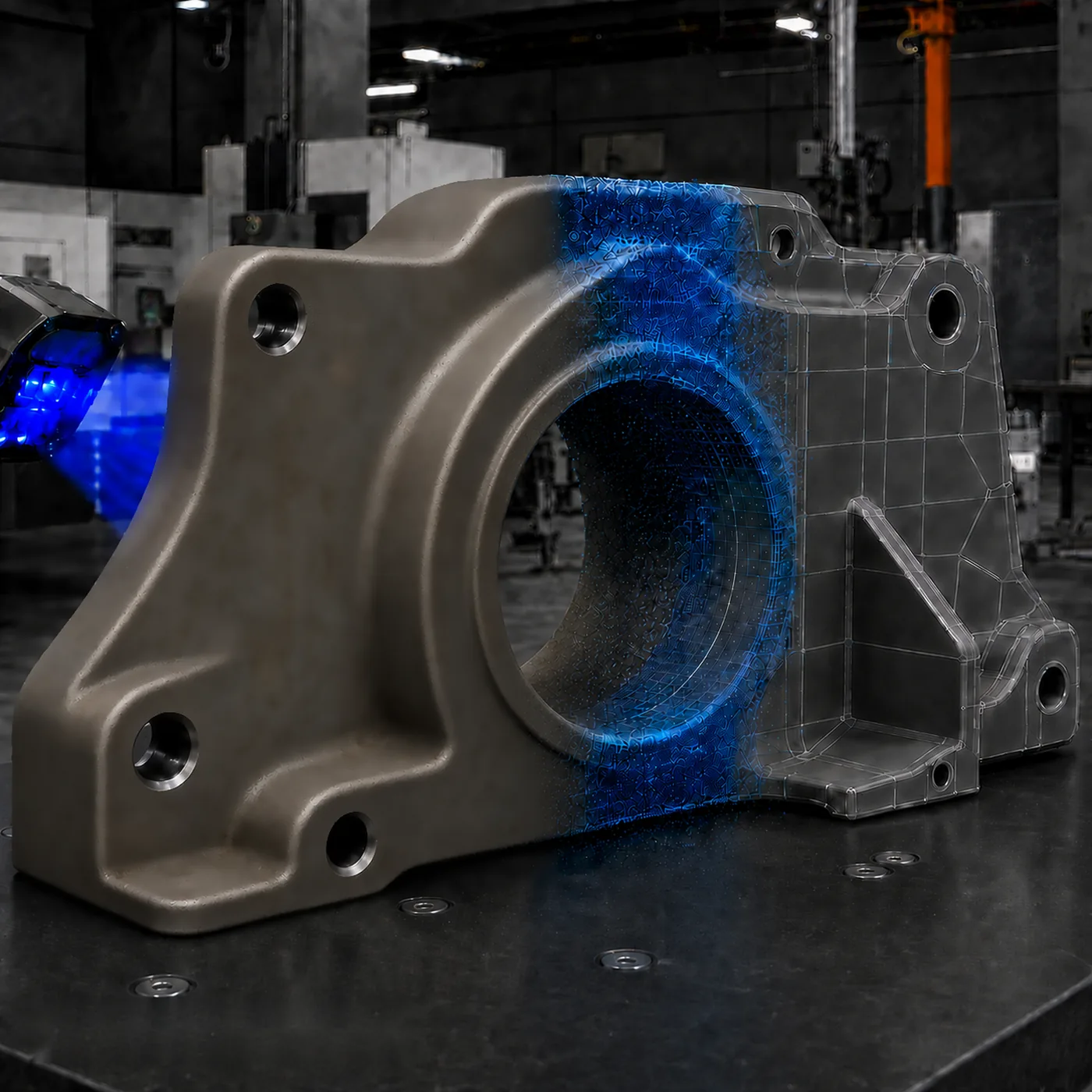 Worn cast-metal component on a shop bench, the left half shown as the real part and the right half resolving through blue scan data into a CAD surface model.
