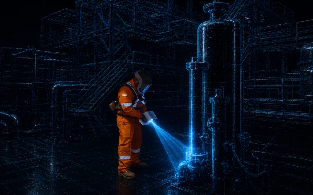 Illustration of a technician 3D scanning plant equipment with the surrounding pipework shown as a wireframe model