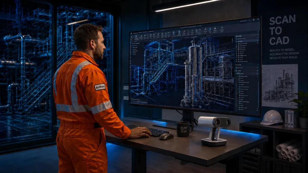 Illustration of a designer turning 3D scan data into a CAD model of a process plant on screen